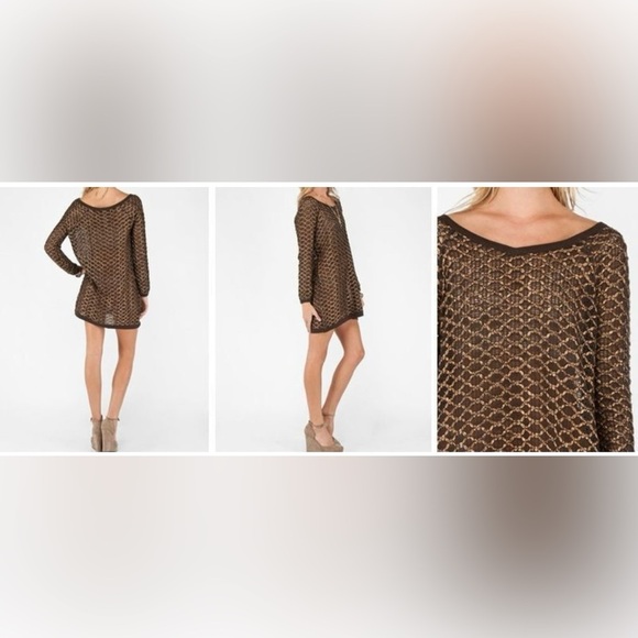 Free People New Romantics Sweater Dress Joan of Arc Brown Gold Long Sleeve Small - Picture 3 of 11